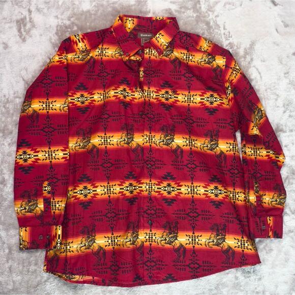 Ariat Western Aztec Red Black Cowboy Horses Rodeo Button Down Shirt Mens XXL - Picture 1 of 14